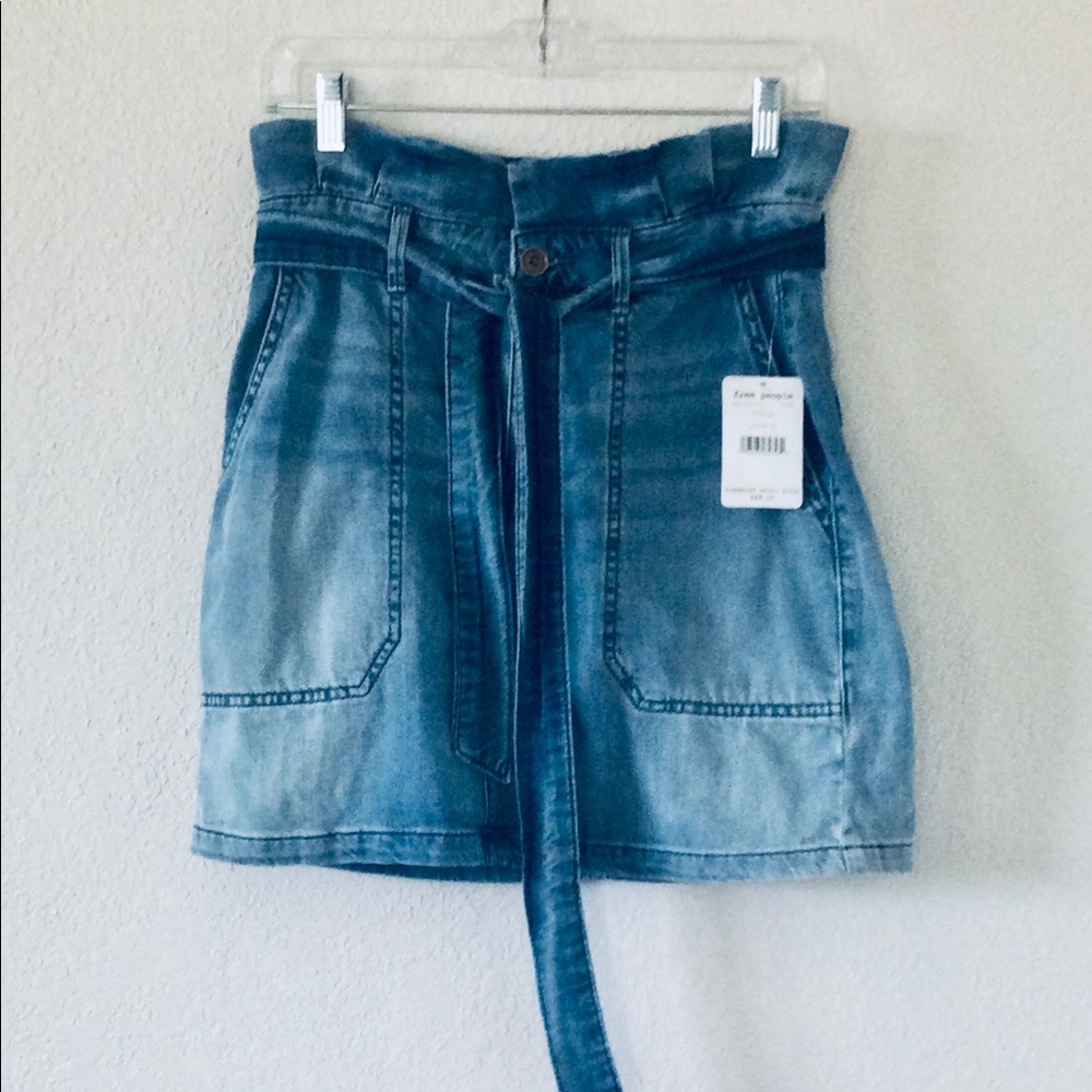 Free People Indigo Faded High Waist Tie Belt Denim Jeans Mini Skirt 6 NWT